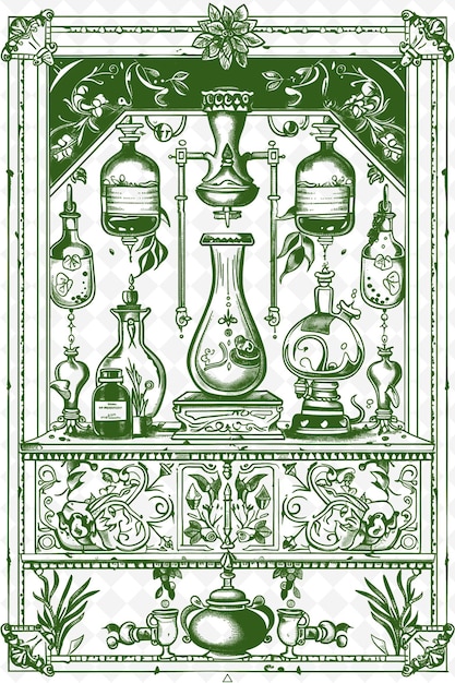 PSD Лабораторная рамка png alchemists с бутылками зелья и иллюстрацией myst декоративная рамка