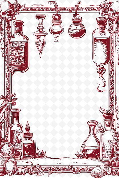 PSD Лабораторная рамка png alchemists с бутылками зелья и иллюстрацией myst декоративная рамка