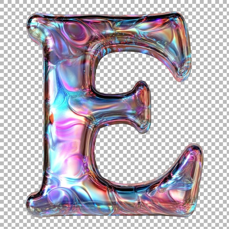 PSD png alfabet e w stylu iridescent dream izolowany na przezroczystym tle dla marzycielskich projektów eleganckiej marki lub magicznych aplikacji typograficznych