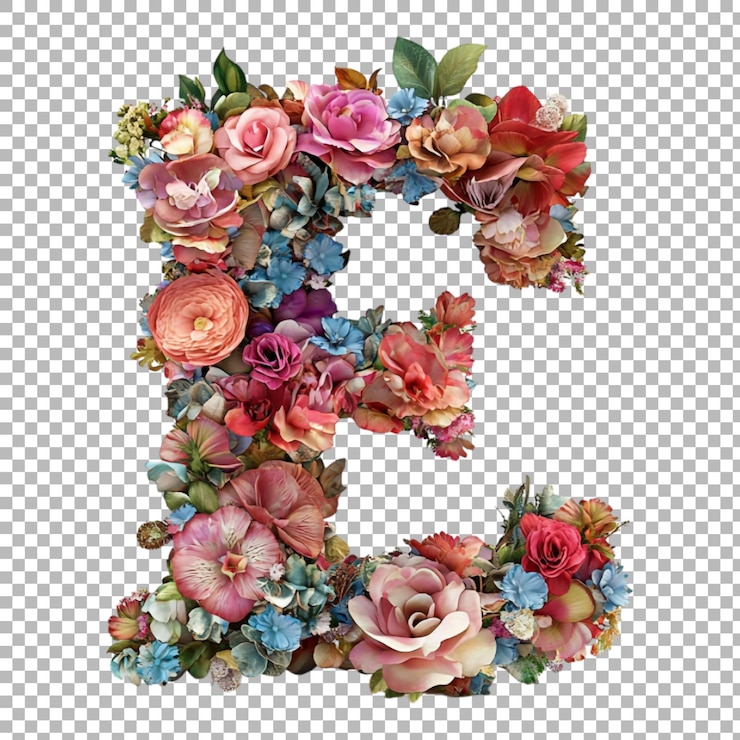 PSD png alfabet e w stylu kwiatowym izolowany na przezroczystym tle dla inspirowanych naturą projektów eleganckiej marki lub sezonowych aplikacji typograficznych