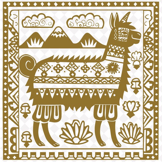 PSD png alpaca folk art z peruwiańskimi wzorcami i pasmami górskimi f ilustracja kontur dekoracja ramki