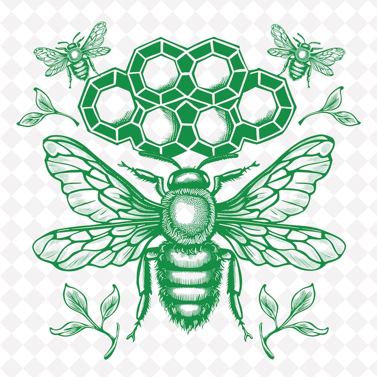 PSD png amber folk art with bees and honeycombs for decorations on t illustration outline frame decor