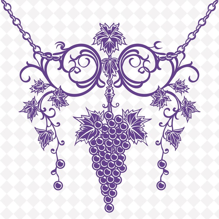 PSD png amethyst folk art with grapevine and grapes for decorations illustration outline frame decor