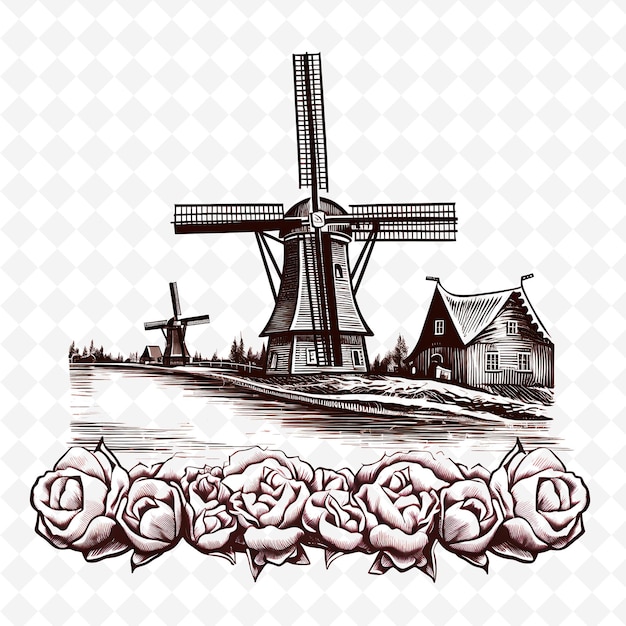 Png amsterdam city with monochrome tulip pink color windmills een met de hand getekende waterverf landschappen