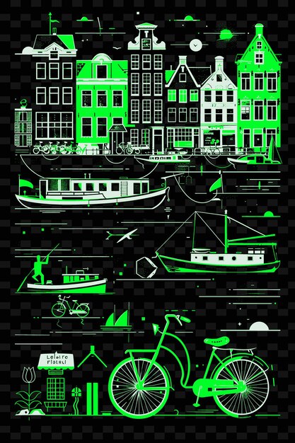 PSD png amsterdam met canal street scene en huisboten fietsen tu illustratie citys scene art decor