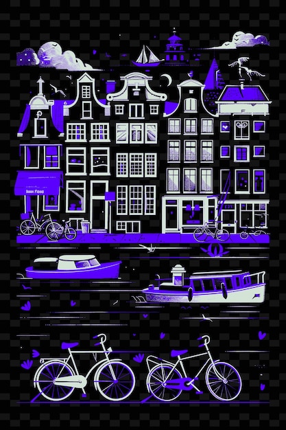 PSD png amsterdam met canal street scene en huisboten fietsen tu illustratie citys scene art decor