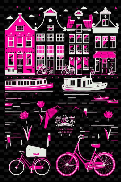 PSD png 암스테르담 운하 거리 장면과 하우스 보트 자전거 tu 일러스트레이션 도시 장면 예술 장식