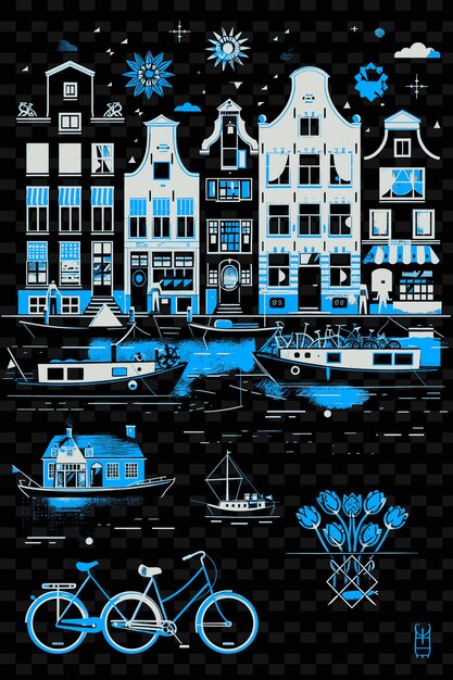 PSD png amsterdam z canal street scene i houseboats rowery tu ilustracja scene miasta art decor