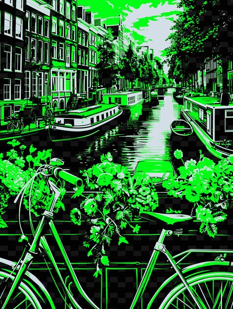 PSD png amsterdams kanały z malowniczą sceną ulicą houseboats b ilustracja miasta scene art decor