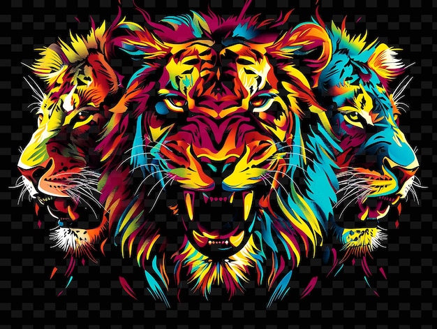 PSD png animal tape decal with images of lions and tigers fierce an creative neon y2k shape decoratived