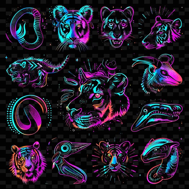 PSD png animal tape decal with neon accented creatures and critters creative neon y2k shape decorative