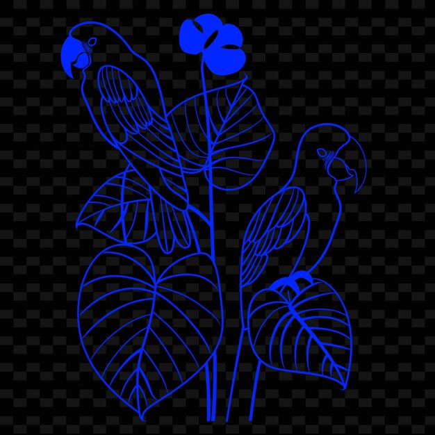 PSD png anthurium with parrot silhouettes and simplified motifs with outline animal and tropical leave (무새 실루과 간소화된 모티브와 함께 동물과 열대 잎의 윤을 가진 png