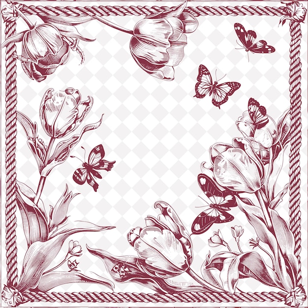 PSD png arte popolare antica primaverile con tulipani e farfalle per la tradizionale decorazione unica della cornice