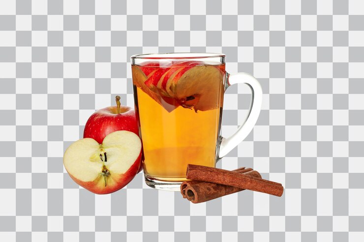 PSD png apple cider in glass cup cinnamon and apples isolated on white background