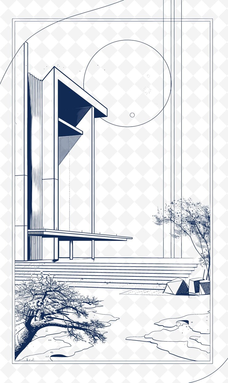 PSD png architectural postcard design with modern frame style design outline arts scribble decorative