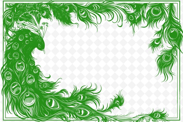 PSD png art nouveau frame art con capelli che scorrono e piume di pavone illustrazione frame art decorative