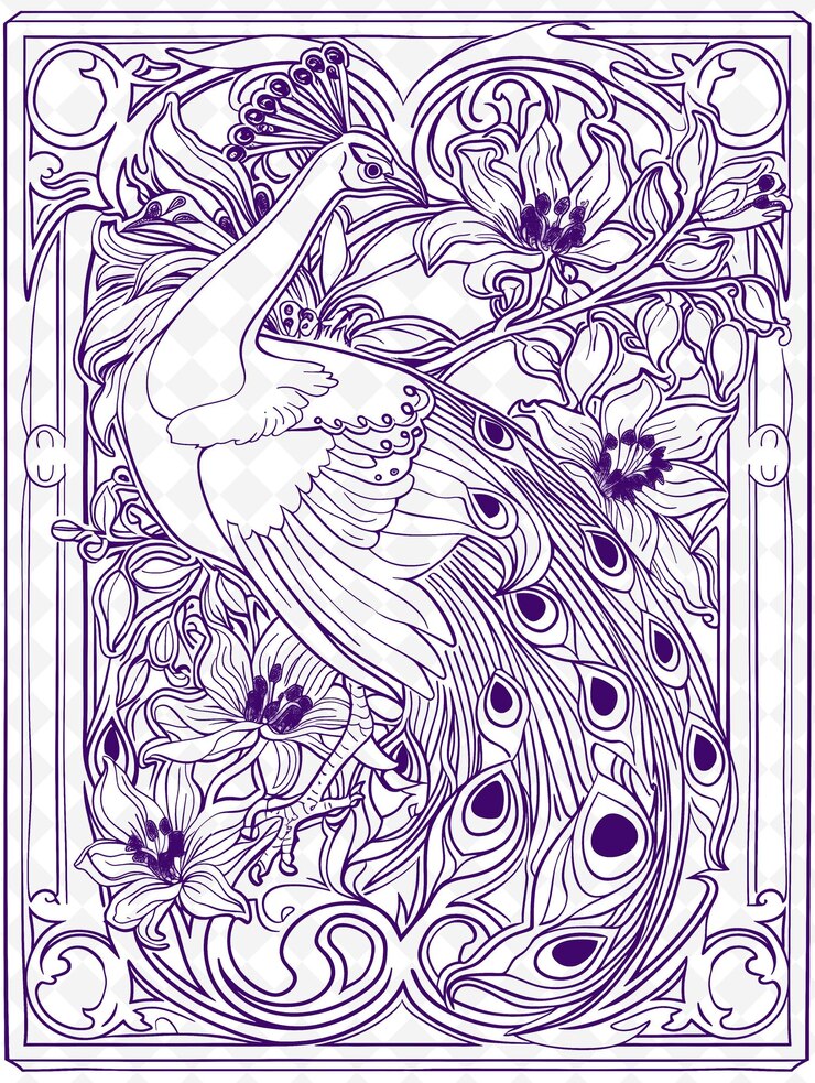 PSD png art nouveau frame art with peacock and lily decorations bord illustration frame art decorative