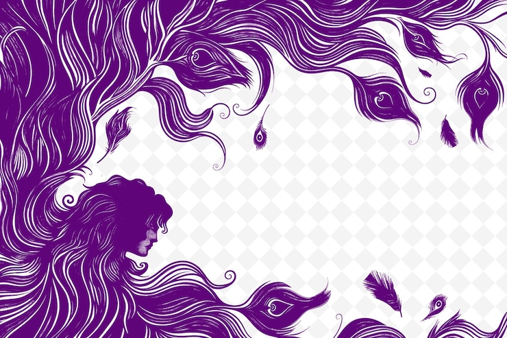 PSD png art nouveau ramy sztuka z płynącymi włosami i piórami pawia ilustracja ramy sztuka dekoracyjna