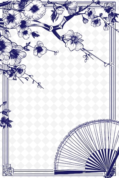 PSD png アジアインスピレーション フレームアート チェリーの花と扇風機の装飾 イラストフレームアート装飾