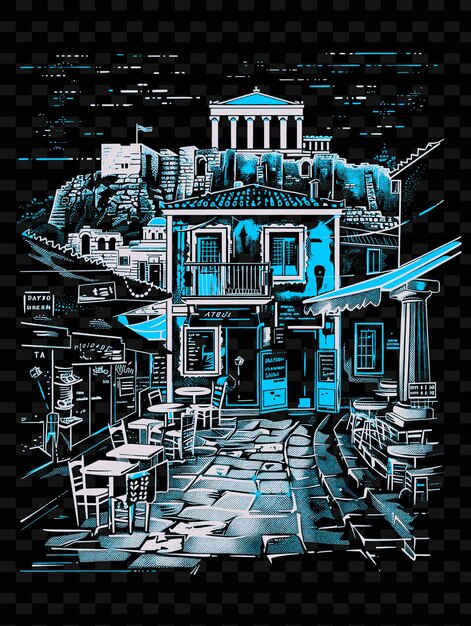 PSD png atene plaka quartiere con scena di strada storica illustrazione antica città scena arte decorazione