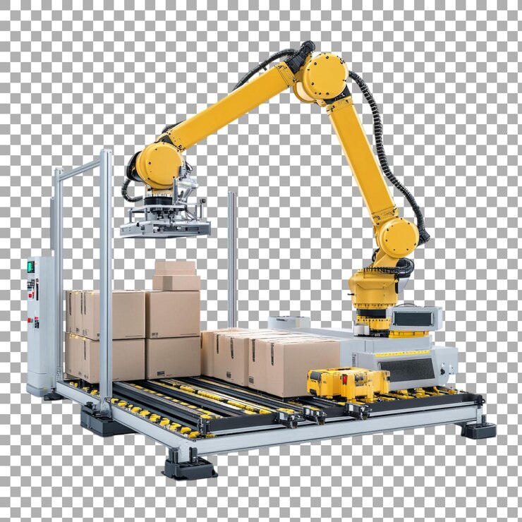 PSD png automated packaging system in a hightech warehouse against transparent background