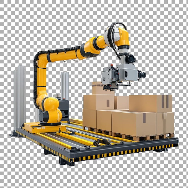 PSD png automated packaging system in a hightech warehouse against transparent background