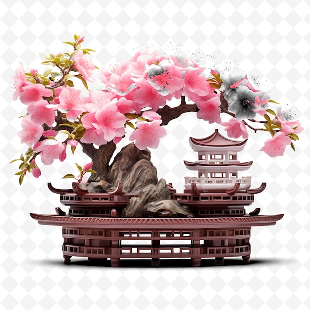 PSD png azalea bonsai ceramic pot oval leaves cherry blossom theme c transparent diverse trees decor