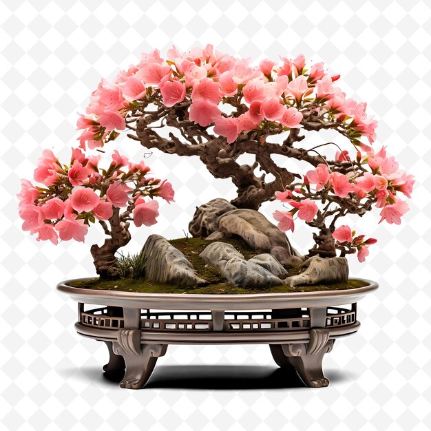 PSD png azalea bonsai ceramiczny garnek owalne liście kwiaty wiśni rozkosz przezroczyste różnorodne drzewa dekoracja