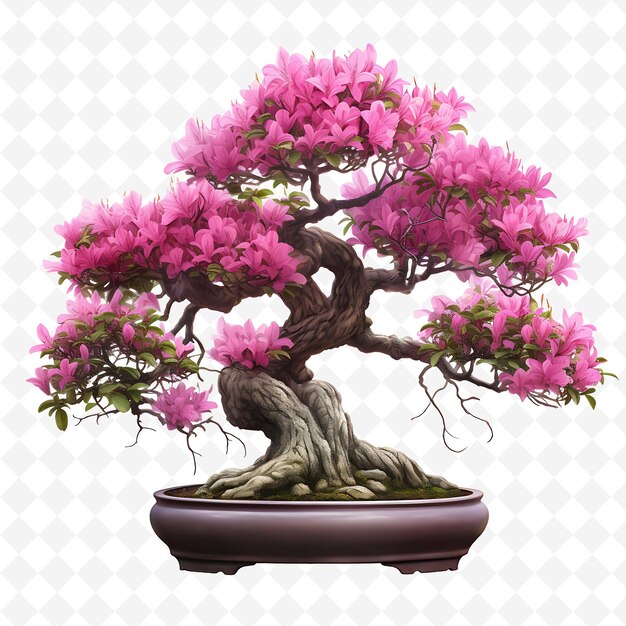 PSD png azalea bonsai tree antique pot elliptical leaves vibrant the transparent diverse trees decor