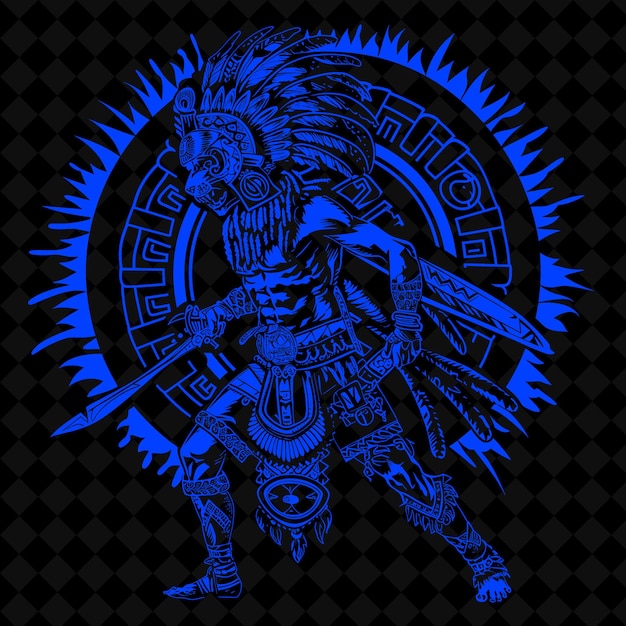 PSD png aztec jaguar warrior with a macuahuitl adorned with feathers medieval warrior character shape