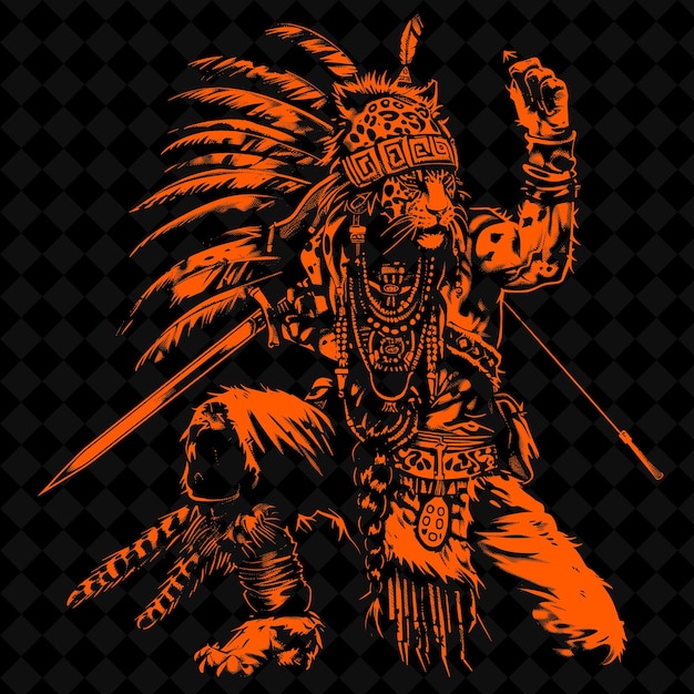 PSD png aztec jaguar warrior with a macuahuitl adorned with feathers medieval warrior character shape