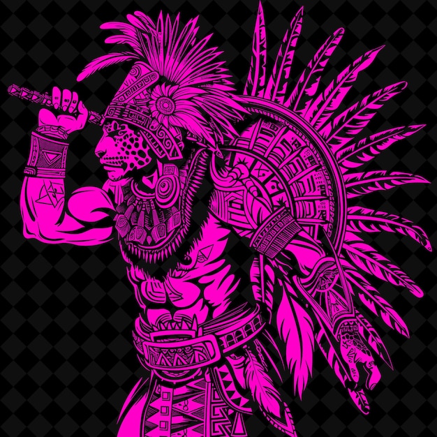 PSD png aztec jaguar warrior with a macuahuitl adorned with feathers medieval warrior character shape