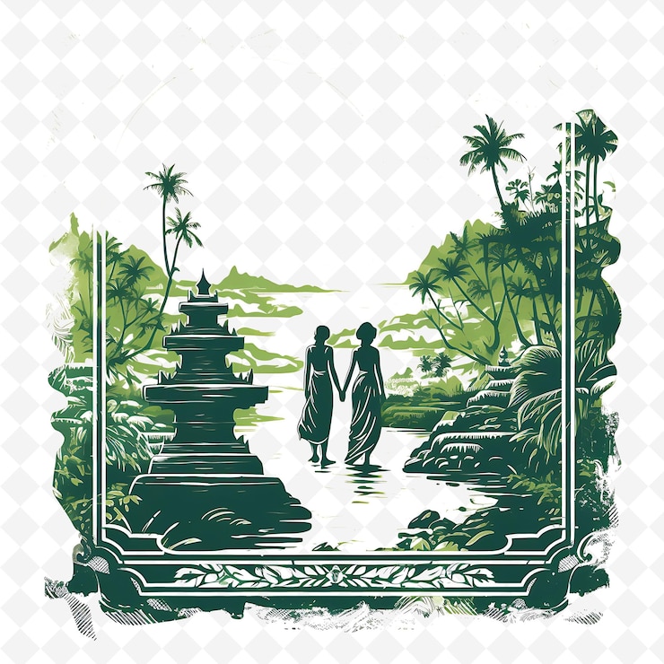 PSD png 발리 시 모노크롬 에메랄드 녹색 색 tanah lot temp c 손으로 그린 수채화 풍경