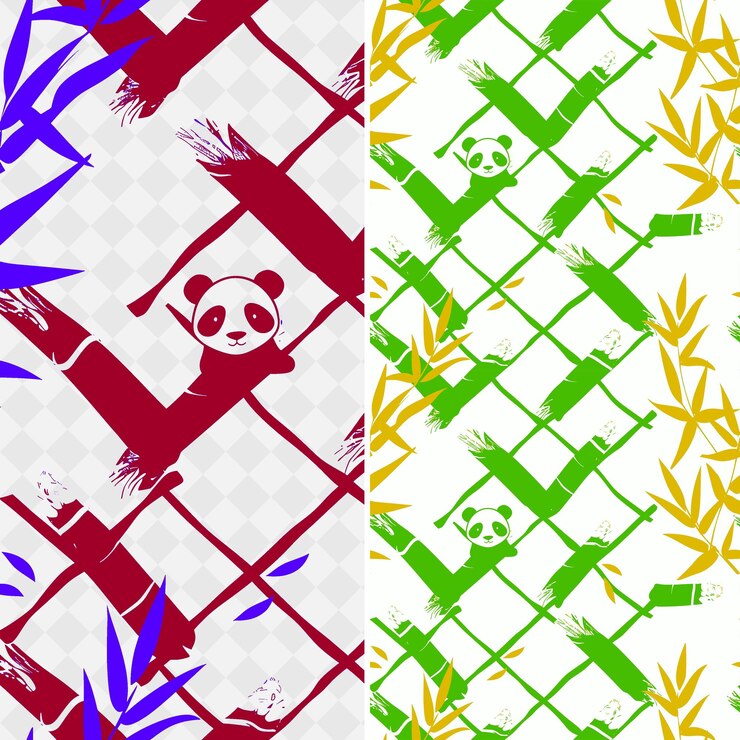 PSD png bamboo leaves with panda silhouette and minimalistic design nature pattern outline art design