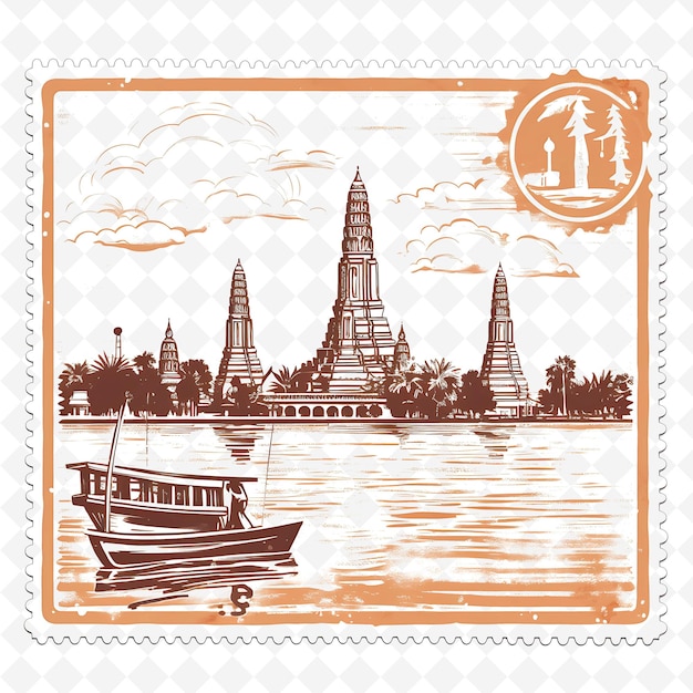 PSD png bangkok city met monochrome sienna color wat arun en tuk t handgetekende aquarel landschappen