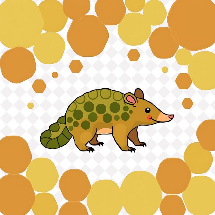 PSD png bashful armadillo with hexagon shapes randomly placed earthy green and br cute animal design