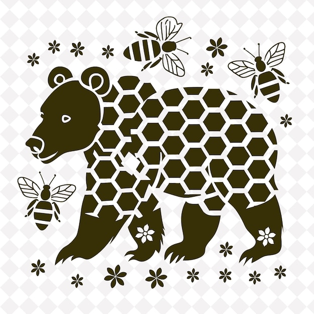 PSD png bear folk art with honeycombs and bees for decorations buzzi ilustracja kontur dekoracja ramki