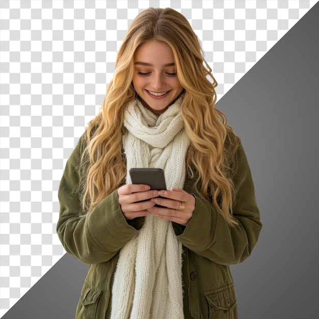 PNG Biała młoda kobieta blond szalik telefoniczny