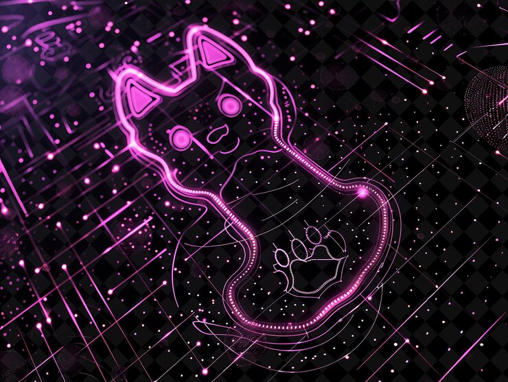 PSD png binary matrix frame with dogecoin symbol dog paw prints and y2k neon shape on dark background