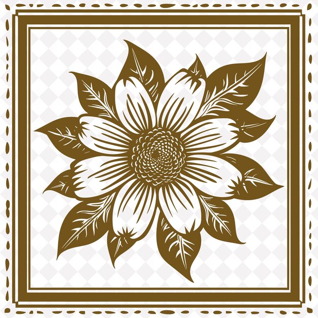 PSD png black eyed susan folk art with petals and leaves for decorat illustration outline frame decor