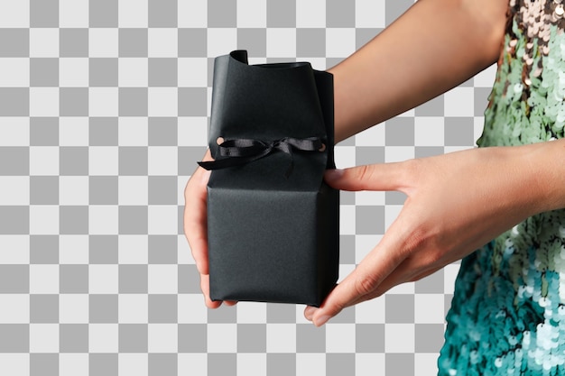 PNG Black Friday geschenkdoos in handen geïsoleerd op witte achtergrond