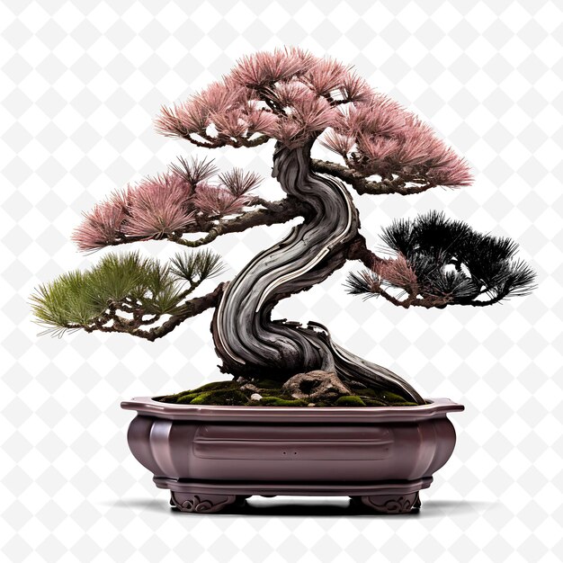 PSD png albero di bonsai di pino nero pentola laccata aghi contorti dramati alberi trasparenti diversi decorazione