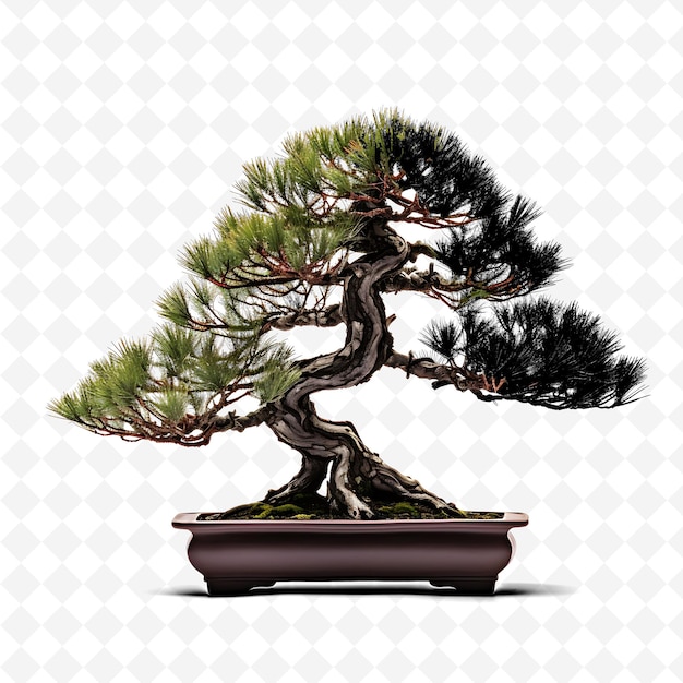 PSD png albero di bonsai di pino nero pentola laccata aghi contorti dramati alberi trasparenti diversi decorazione