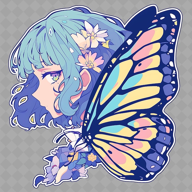 PSD png blinkende en stralende anime vlindermeisje met mooie win creatieve chibi sticker collectie