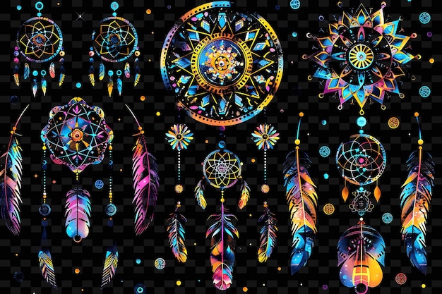 PSD png bohemian tape decal met afbeeldingen van dreamcatchers en feathe creative neon y2k shape decorativer