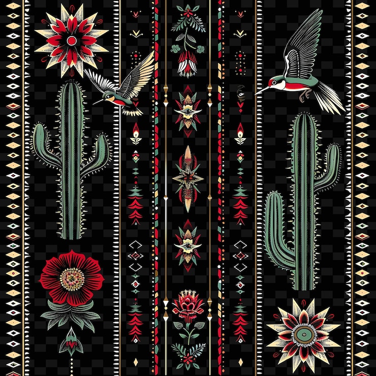 PSD png bold cactus flower borderlines design with hummingbird motifillustration abstract collections