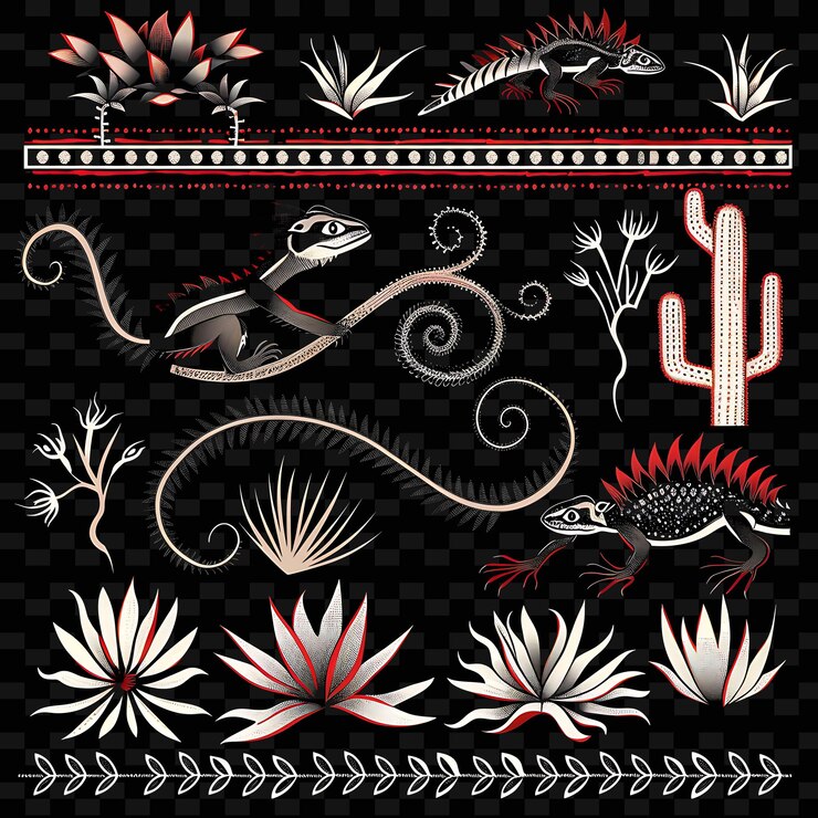 PSD png bold yucca plant borderlines design with lizard motifs and dillustration abstract collections