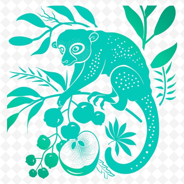 PSD png breadfruit with kinkajou silhouette and abstract design with outline animal and tropical leave