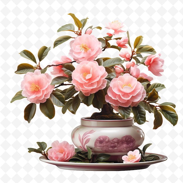 PSD png camellia bonsai tree clay pot glossy leaves inner beauty con transparent diverse trees decor