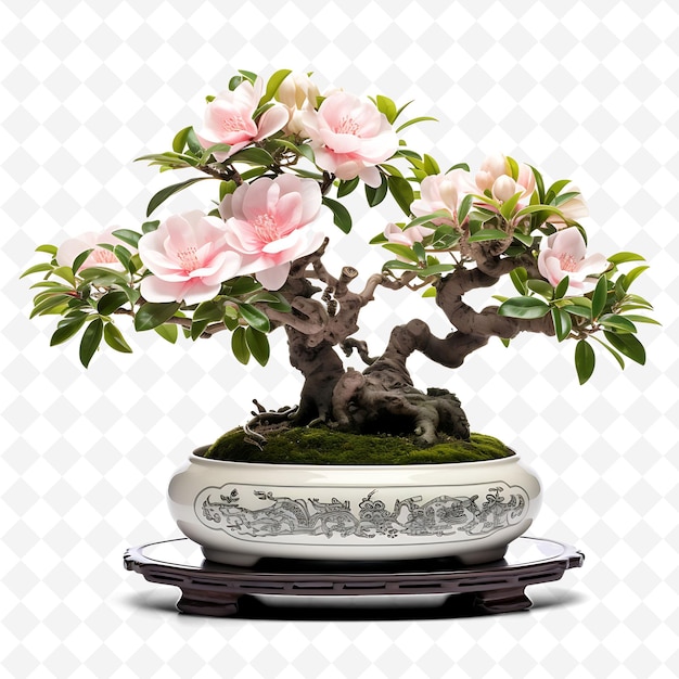 PSD png camellia bonsai tree porcelain pot glossy leaves elegant con transparent diverse trees decor